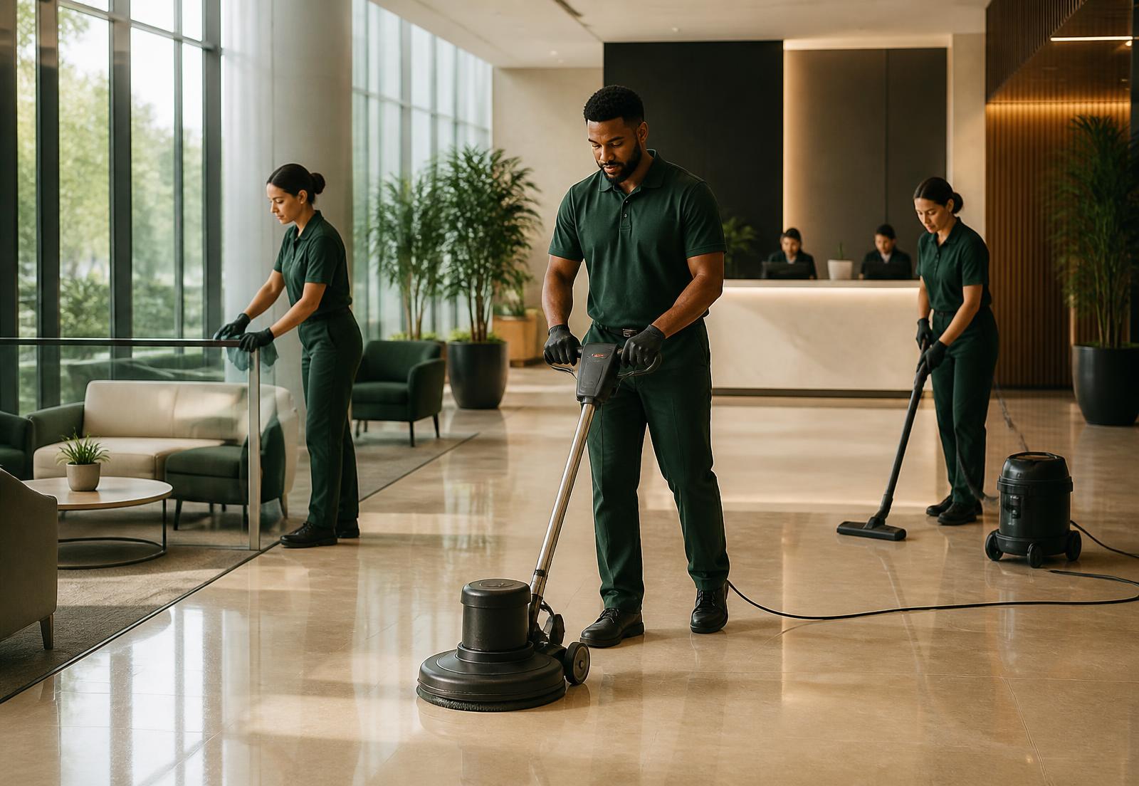Veya cleaning team servicing a modern office lobby